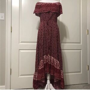 Curations Off The Shoulder Sun Dress Burgundy Print Salsa Dancing Small NWT